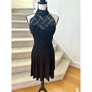 Vintage Tadashi Shoji Black Lace Halter Skater Skirt Cocktail Dress